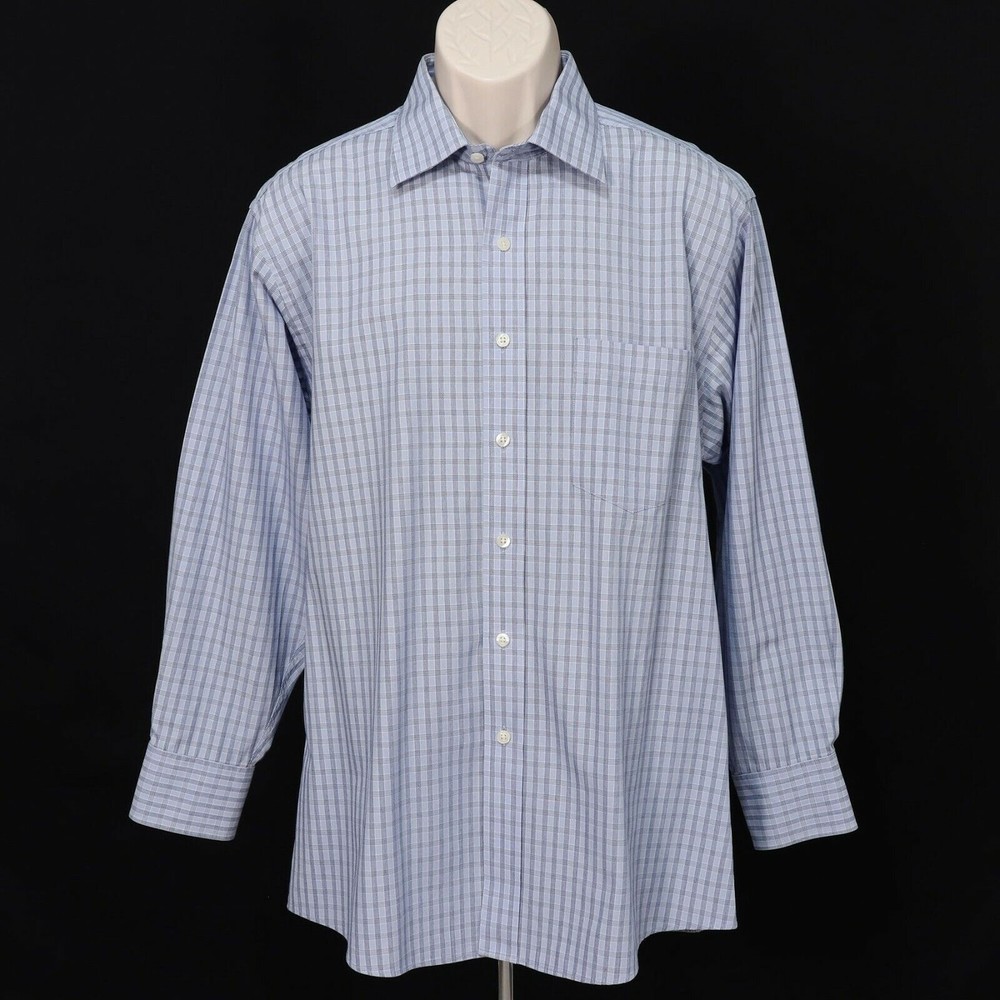 Michael Kors Mens Check Dress Shirt 16.5 - 32/33 L Large Blue Plaid Button Down